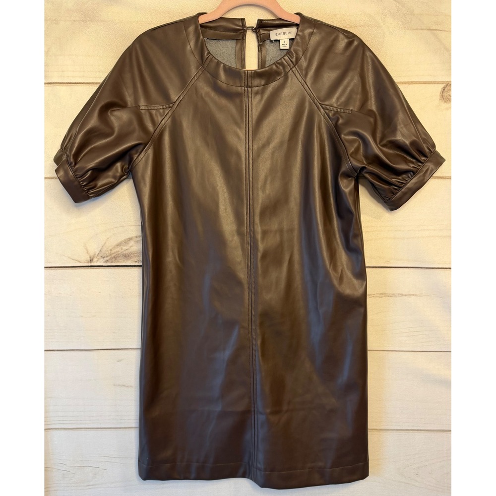 Evereve Brown Faux Leather Puff Sleeve Shift Dress Small Mini Raglan Keyhole
